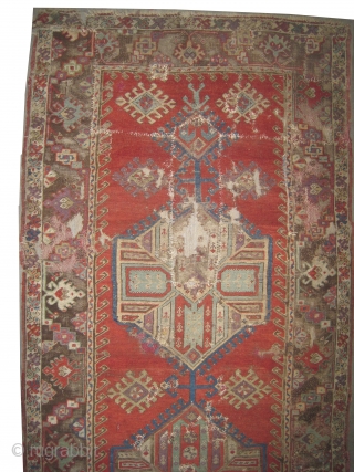 	

Anatolian rug, antique. Collector's item, Size: 232 x 115 (cm) 7' 7" x 3' 9"  carpet ID: K-1316
Poor condition, the black colour is oxidized, the knots are hand spun wool, the  ...