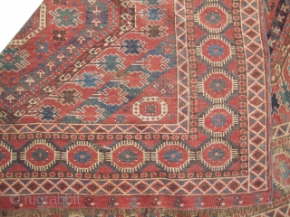 Beshir Turkmen, antique, collectors item, 160 x 323 cm,  carpet ID: P-5103
Geometric design, the background color is indigo with terracotta, 80% the pile is high, up at the left corner the  ...