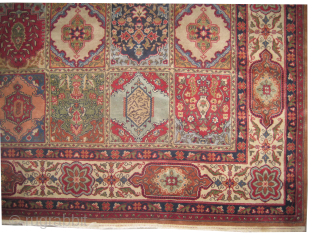 
Indian, knotted circa 1950, 220 x 220 cm, ID: CWB-12
The knots are hand spun wool, thick pile, in perfect condition, finely knotted, garden design, the shirazi borders are woven on two lines,  ...
