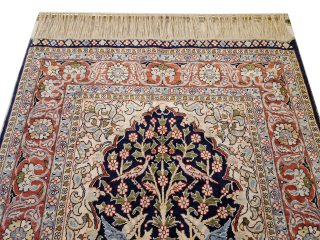 Kayseri Turkish prayer rug 100% silk, 71 x 122 cm, knotted circa 1965
720'000 knots in square meter, indigo background, in excellent condition, rare example.         