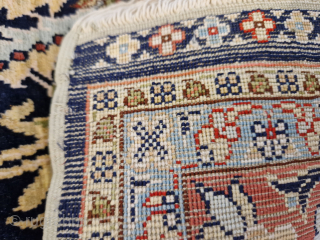 Kayseri Turkish prayer rug 100% silk, 71 x 122 cm, knotted circa 1965
720'000 knots in square meter, indigo background, in excellent condition, rare example.         