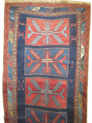 
Fachralo Kazak Caucasian, knotted circa in 1915 antique, collector's item, 220 x 118 (cm) 7' 3" x 3' 10"  carpet ID: K-3552
One edge is finished with 3cm kelim, the second edge  ...