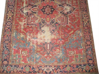 Heriz Persian, knotted circa 1915 antique, 215 x 315 cm, carpet ID: P-4994
The black knots are oxidized, the knots are hand spun wool, certain places to be knotted.     