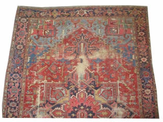 Heriz Persian, knotted circa 1915 antique, 215 x 315 cm, carpet ID: P-4994
The black knots are oxidized, the knots are hand spun wool, certain places to be knotted.     