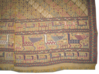 

Horse cover Vernneh Caucasian, circa 1870 antique, collectors item, 158 x 186 cm, ID: A-217
Woven with Vernneh technique and hand spun wool, vegetable dyes, in good condition, peacock design, the white design  ...