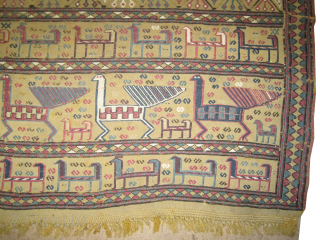 

Horse cover Vernneh Caucasian, circa 1870 antique, collectors item, 158 x 186 cm, ID: A-217
Woven with Vernneh technique and hand spun wool, vegetable dyes, in good condition, peacock design, the white design  ...