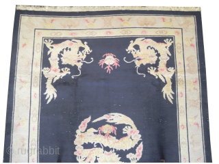 
Chinese, dragon design, knotted circa 1935 semi antique, 216 x 295 cm, ID: P-2198
The background color is indigo, the center and the corners are designed with dragons, at the background minor places  ...