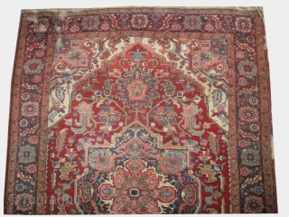 

Heriz Persian, knotted circa 1920 antique, 287 x 190 cm, carpet ID: P-5001
The black knots are oxidized, the knots are hand spun wool, the center medallion and the border are indigo, rust  ...