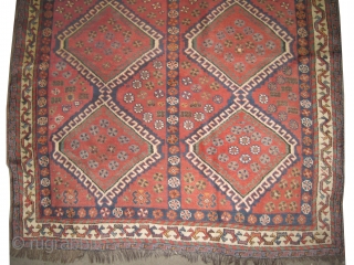 	

Shiraz Persian knotted circa in 1905 antique, collector's item, 245 x 163 (cm) 8'  x 5' 4"  carpet ID: P-4617
One edge is finished with 3cm decorated kilim, at the bottom  ...
