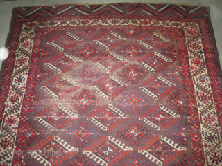 Yomut Turkmen, knotted circa 1890, antique, 213 x 310 cm, ID: MHR-2
The knots, the warp and the weft threads are hand spun wool, synthetic red, part is used.     