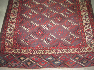Yomut Turkmen, knotted circa 1890, antique, 212 x 315 cm, ID: MHR-2
The knots, the warp and the weft threads are hand spun wool, synthetic red, part is used.     