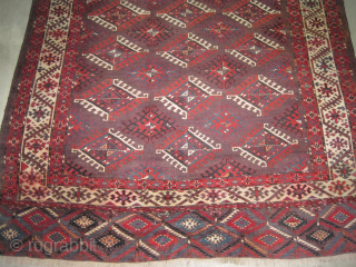 Yomut Turkmen, knotted circa 1890, antique, 213 x 310 cm, ID: MHR-2
The knots, the warp and the weft threads are hand spun wool, synthetic red, part is used.     