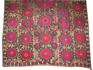 
Suzani Uzbek circa 1890 antique. Size: 287 x 187 (cm) 9' 5" x 6' 2"  carpet ID: A-1002
Silk embroidery on hand woven linen and the design is made with needle work,  ...