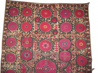 
Suzani Uzbek circa 1890 antique. Size: 287 x 187 (cm) 9' 5" x 6' 2"  carpet ID: A-1002
Silk embroidery on hand woven linen and the design is made with needle work,  ...