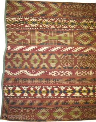 Northern Afghanistan Uzbek Gizlai flatwoven band fragment (almost half of the original) circa 1915 antique. 	
CarpetID: SA-546, Size: 196 x 155 (cm) 6' 5" x 5' 1" 
Woven with very fine hand  ...