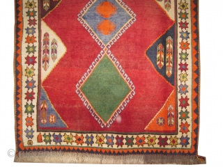 	

Gabbeh Nomad Persian knotted circa in 1935 semi antique, collector's item, 178 x 134 (cm) 5' 10" x 4' 5"  carpet ID: M-390
The background color is red, both edges are finished  ...
