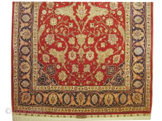 
Hereke silk prayer knotted in 1959, signed as: Euzer Ipeck Hereke. 147 x 91 (cm) 4' 10" x 3'  carpet ID: S-75
The knots, the warp and the weft threads are 100%  ...