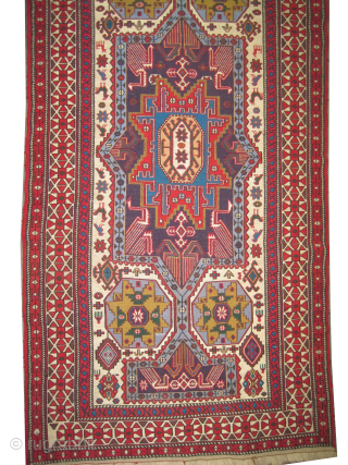 Ardabil Persian, woven circa 1940 with Soumak technique, 99 x 199 cm, ID: SA-1166
The weft threads are wool, the ivory background and the surrounded large ivory border are 100% silk, the center  ...