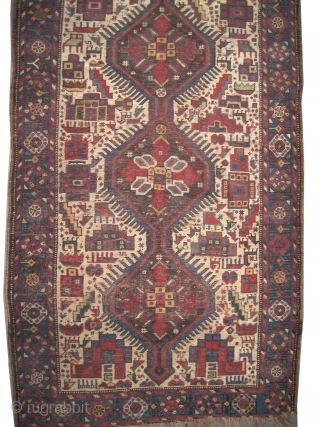  	
Shiraz Persian runner circa 1915 antique, Size: 269 x 92 (cm) 8' 10" x 3'  carpet ID: K-2271
The background color is ivory, six medallions surrounded with animals, geometric design, certain  ...