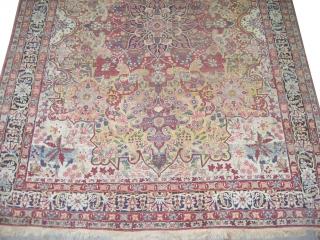 	

Kirman Lavar Persian knotted circa in 1915 antique,  378 x 282 (cm) 12' 5" x 9' 3" 
 carpet ID: P-5339
The background color is pale yellow, the center medallion is indigo  ...