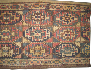 Moghan Caucasian, woven circa 1890, antique, collectors item, 49 x 114 cm, ID: A-298
Vegetable dyes, woven with reverse technique of Soumak and hand spun wool, geometric design, the edges are finished with  ...