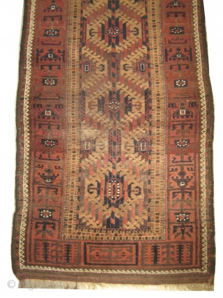 Belutch Persian circa 1910 antique, size: 105 x 275cm, carpet ID: ES-3
Geometric design, five medallions, rare example, good condition except some oxidized used places to be repaired, camel hair background.   