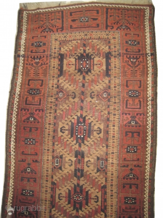 Belutch Persian circa 1910 antique, size: 105 x 275cm, carpet ID: ES-3
Geometric design, five medallions, rare example, good condition except some oxidized used places to be repaired, camel hair background.   