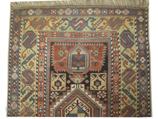 
Shirvan Caucasian knotted circa in 1905 antique, collector's item. 335 x 129 (cm) 11'  x 4' 3"  carpet ID: V-69
In good condition, high pile, the background color is indigo, the  ...