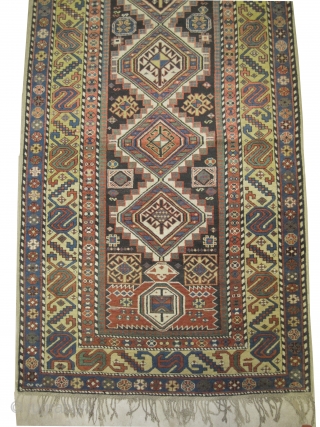 
Shirvan Caucasian knotted circa in 1905 antique, collector's item. 335 x 129 (cm) 11'  x 4' 3"  carpet ID: V-69
In good condition, high pile, the background color is indigo, the  ...