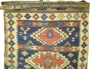 
	
Antique torba Caucasian, collectors item, 52 x 65 cm / 1'8" x 2'1" feet,  ID: BV-8
Vegetable dyes, very finely woven with Soumak technique and hand spun wool, three medallions, blue background,  ...