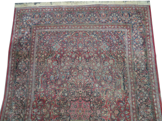 Semnan Persian, knotted circa 1935 semi-antique, 237 x 365 cm, ID: P-6073
Vegetable dyes, the black knots are oxidized, the knots are hand spun lamb wool, the background is red-brick, very finely knotted,  ...