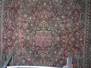 Semnan Persian, knotted circa 1935 semi-antique, 237 x 365 cm, ID: P-6073
Vegetable dyes, the black knots are oxidized, the knots are hand spun lamb wool, the background is red-brick, very finely knotted,  ...