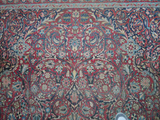 Semnan Persian, knotted circa 1935 semi-antique, 237 x 365 cm, ID: P-6073
Vegetable dyes, the black knots are oxidized, the knots are hand spun lamb wool, the background is red-brick, very finely knotted,  ...