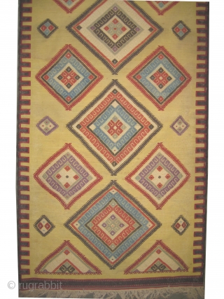 
Aydin Turkish kelim circa 1895 antique. Collector's item. Size: 262 x 80 (cm) 8' 7" x 2' 7"  carpet ID: A-837
Woven with hand spun wool and two different techniques flat and  ...