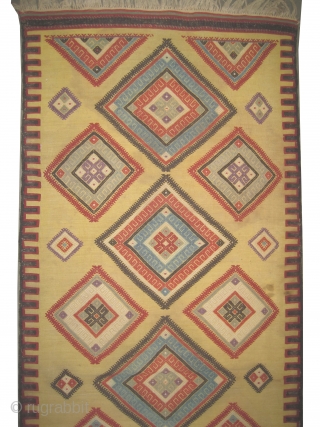 
Aydin Turkish kelim circa 1895 antique. Collector's item. Size: 262 x 80 (cm) 8' 7" x 2' 7"  carpet ID: A-837
Woven with hand spun wool and two different techniques flat and  ...