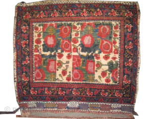 
Afshar bag face Persian, antique, collectors item, 56 x 50 cm,  ID: K-4204
It's a pair of bag faces, vegetable dyes, the design has European influence, in good condition, ivory background, finely  ...