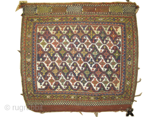 
A pair of Qashqai bag faces, antique, collectors item, finely woven with hand spun wool in Soumak technique, vegetable dyes, the ivory background is woven with cotton in Soumak technique, in perfect  ...