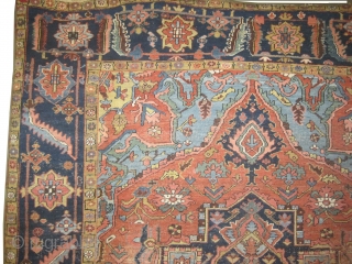  	

Serapi Heriz Persian circa 1905 antique. Size: 430 x 293 (cm) 14' 1" x 9' 7"  carpet ID: P-4059
The black color is oxidized, pink with navy blue center medallion, rust  ...