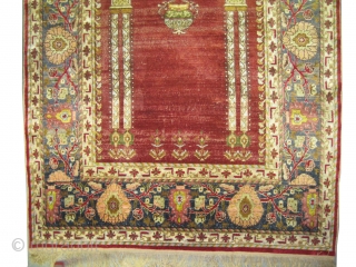 
Boursa Silk prayer Anatolian, knotted circa in 1905 antique, collector's item, 177 x 130 (cm) 5' 10" x 4' 3"  carpet ID: K-4063
The knots, the warp and the weft threads are  ...