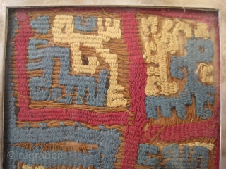 

Pre-Columbian embroidery, museum standard, 14 x 11cm, ID: FR-8
Designed with swastika and lama, surrounded with silver frame, woven with wool, silk and two different techniques, in perfect condition, rare example.

   