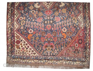 Qashqai Mille fleurs Persian, knotted circa in 1905 antique, 236 x 146 (cm) 7' 9" x 4' 9"  carpet ID: K-2970
The knots, the warp and the weft threads are mixed with  ...