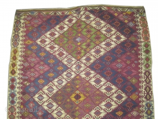  Anatolian kilim, woven circa in 1870, antique, collector's item, 339 x 183 (cm) 11' 1" x 6'  carpet ID: A-467
Woven with hand spun wool, from the center two original parts  ...