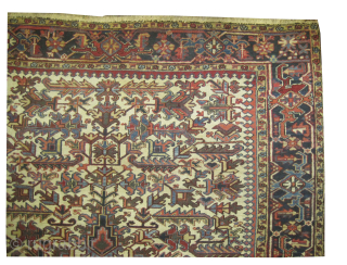 Bakshaish Heriz Persian, knotted circa 1920, antique, collector's item, 228 x 306 cm, ID: P-4653
Vegetable dyes, the black knots are oxidized, the knots are hand spun lamb wool, all over symmetrical design,  ...