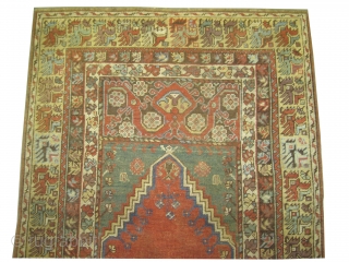 Kirshehir prayer Anatolian, antique, collectors item, 133 x 98 cm, ID: K-1314
The brown knots are oxidized, the warp and the weft threads are 100% wool, the knots are hand spun wool, from  ...