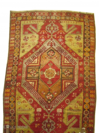 Karapinar Turkish, semi antique, 137 x 360 cm, carpet ID: SRO-11
The background is warm red with two big medallions, thick pile in perfect condition.         
