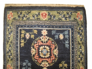 Chinese, knotted circa in 1900, antique, 73 x 135 cm, carpet ID: SRO-3 
The background is indigo, high pile in perfect condition.           