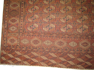 
Tekke Turkmen, antique, collectors item, 228 x 335 cm, ID: RSZ-5
The black knots are oxidized, the knots are hand spun wool, the warp and the weft threads are 100% wool, the pile  ...