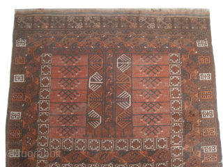 

Engsi Turkmen knotted circa 1870 antique, collectors item, 145 x 184 cm, ID HGW-3
Vegetable dyes, both edges are finished with kilim, the shirazi borders are woven on two lines with goat hair,  ...