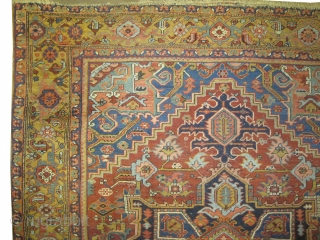 Heriz Persian knotted circa in 1920 324 x 255 (cm) 10' 7" x 8' 4"  carpet ID: P-2696
 The black knots are oxidized, the knots are hand spun wool, the background  ...