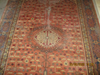 

Samarkand, knotted circa 1935, 182 x 280 cm, ID: MMJ-3
The background is light terracotta, the four corners and the center medallion are beige, the surrounded large border is blue, the shirazi borders  ...